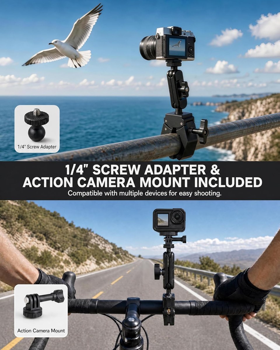 1Zero Super Clamp Mount with 360° Dual Ball Head: Dual 360° ball heads